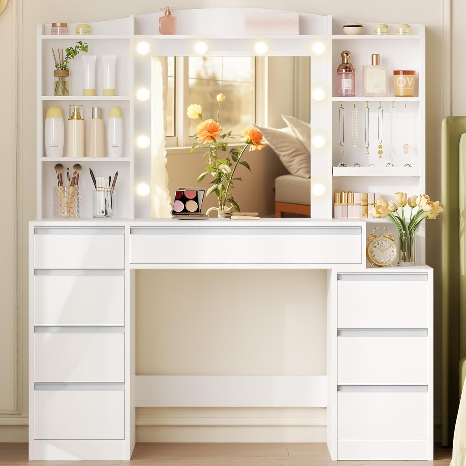 Coiffeuse avec 8 Tiroirs, Grand Miroir avec Éclairage RGB-LED, Rangement pour Bijoux Intégré, Bureau de 100 cm de Large, Blanc - 2