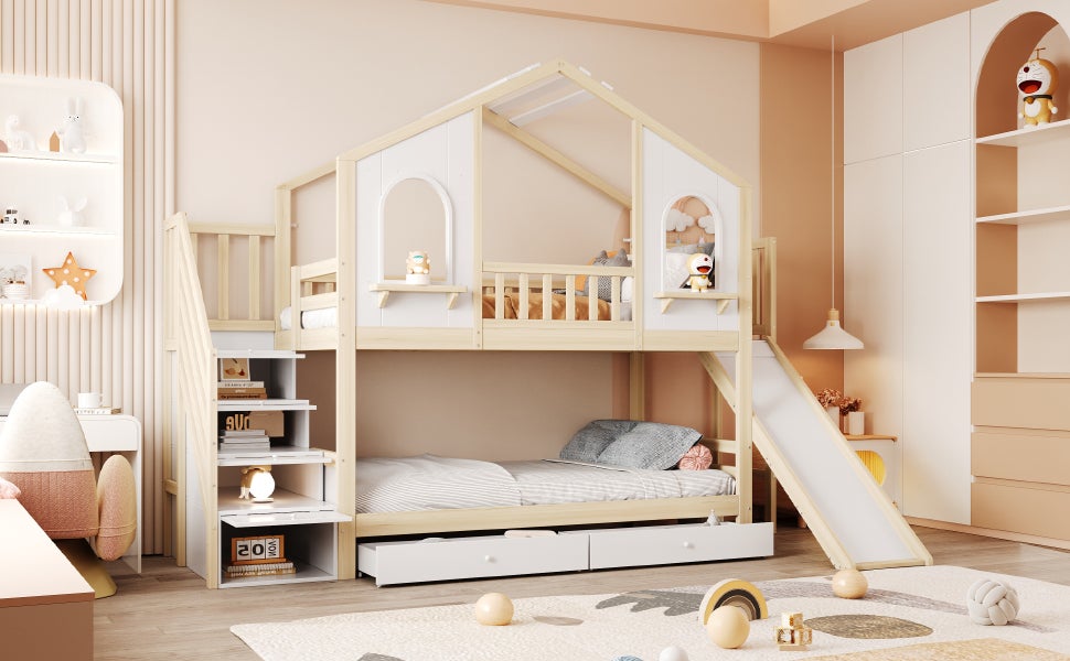 Łóżka piętrowe 2 x 90 x 200 cm ze zjeżdżalnią, 2 szufladami i 3 drzwiami - Sosna + sklejka + MDF - Naturalny + biały (Materace nie są wliczone w cenę) - 4