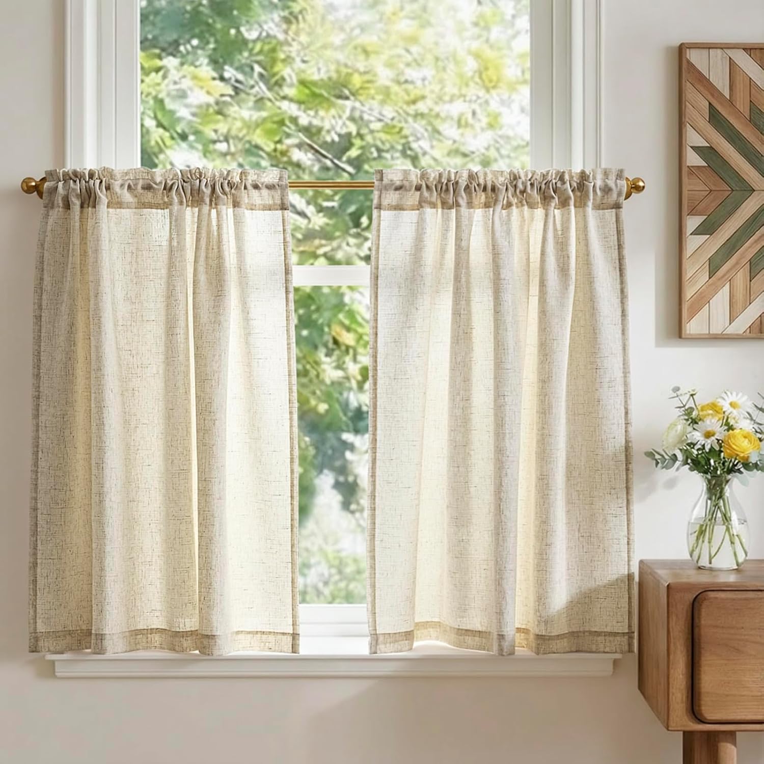 Rideaux Cuisine Court Brise Bise, Beige 63.5L x 93.5H(cm) 2 Panneaux à ...