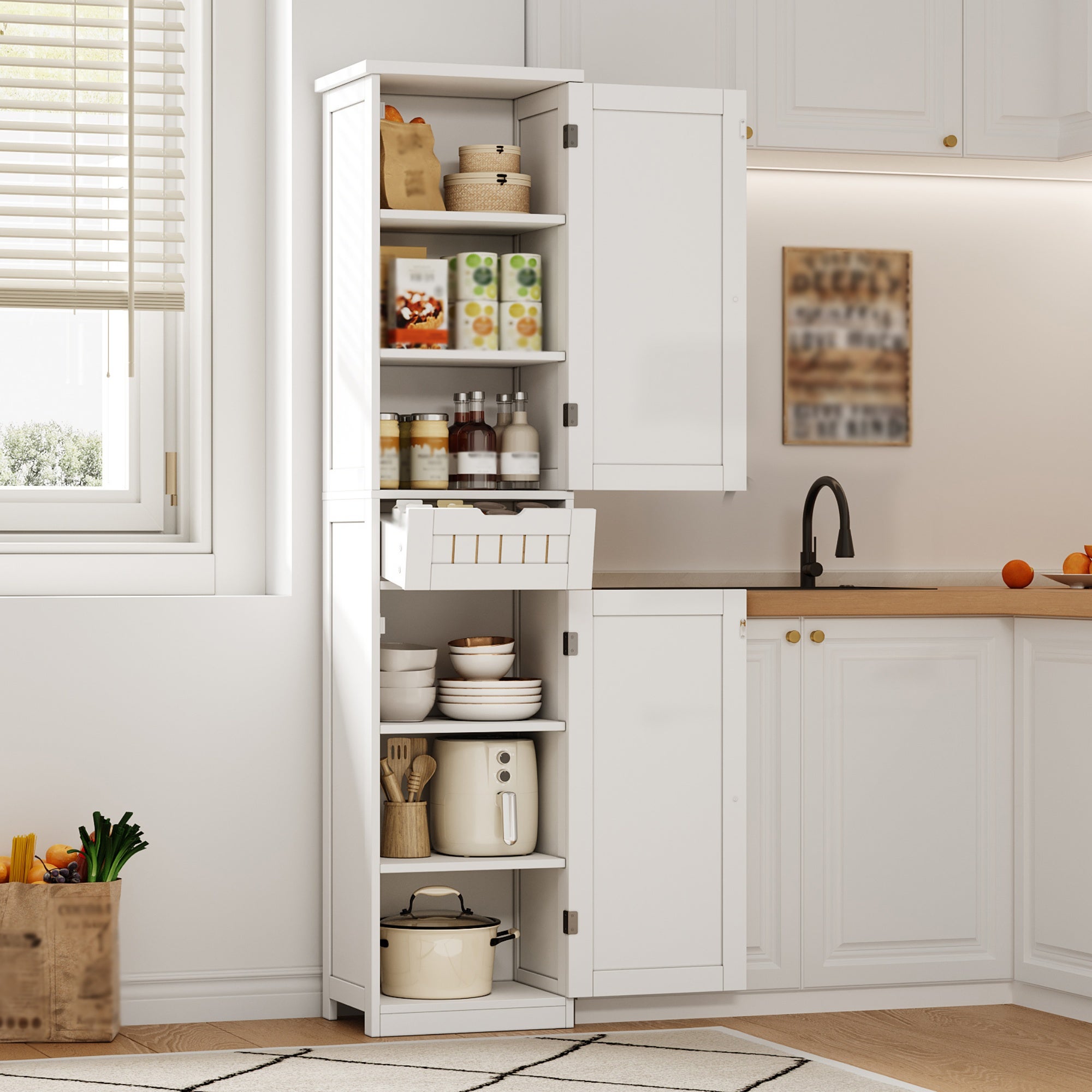 Colonne de rangement avec 2 portes, 1 tiroir et 4 étagères réglables, buffet de cuisine - 40 x 30 x 170 cm - MDF - Blanc - 5