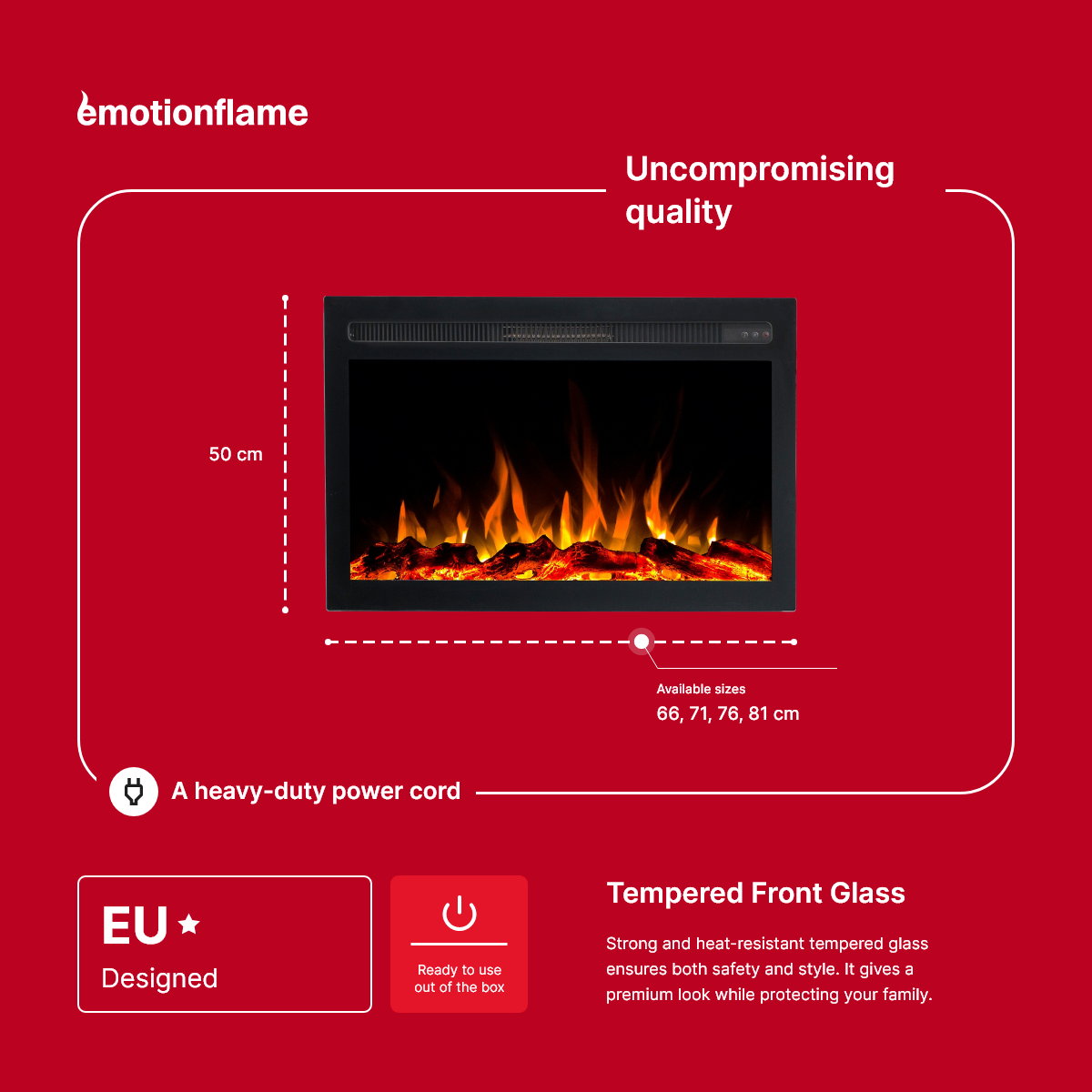 Insert électrique Emotion Flame Infinity pour cheminée électrique - feu premium - encastrable - 76x14x50 cm - cheminée LED avec chauffage 750/1500 W - 4