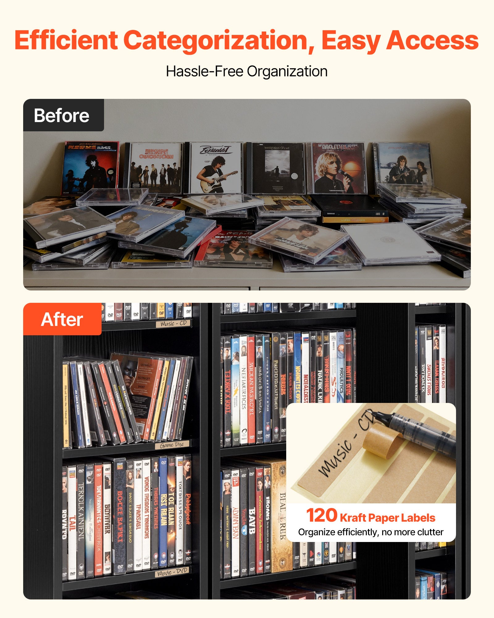 Estante VEVOR, armário multimédia de 6 níveis, estante com portas e prateleiras ajustáveis ​​para CD, DVD, livros e jogos, 610 x 368 x 1270 mm - 5