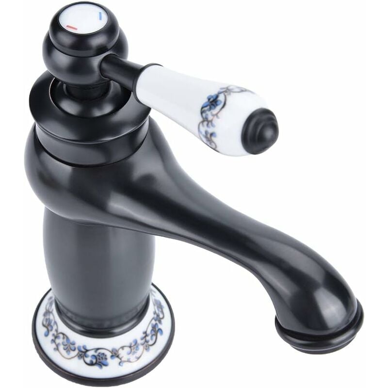 Jednoczęściowy zestaw baterii ceramicznych, niebiesko-biała porcelanowa bateria umywalkowa do łazienki z wykończeniem w kolorze antycznego mosiądzu,