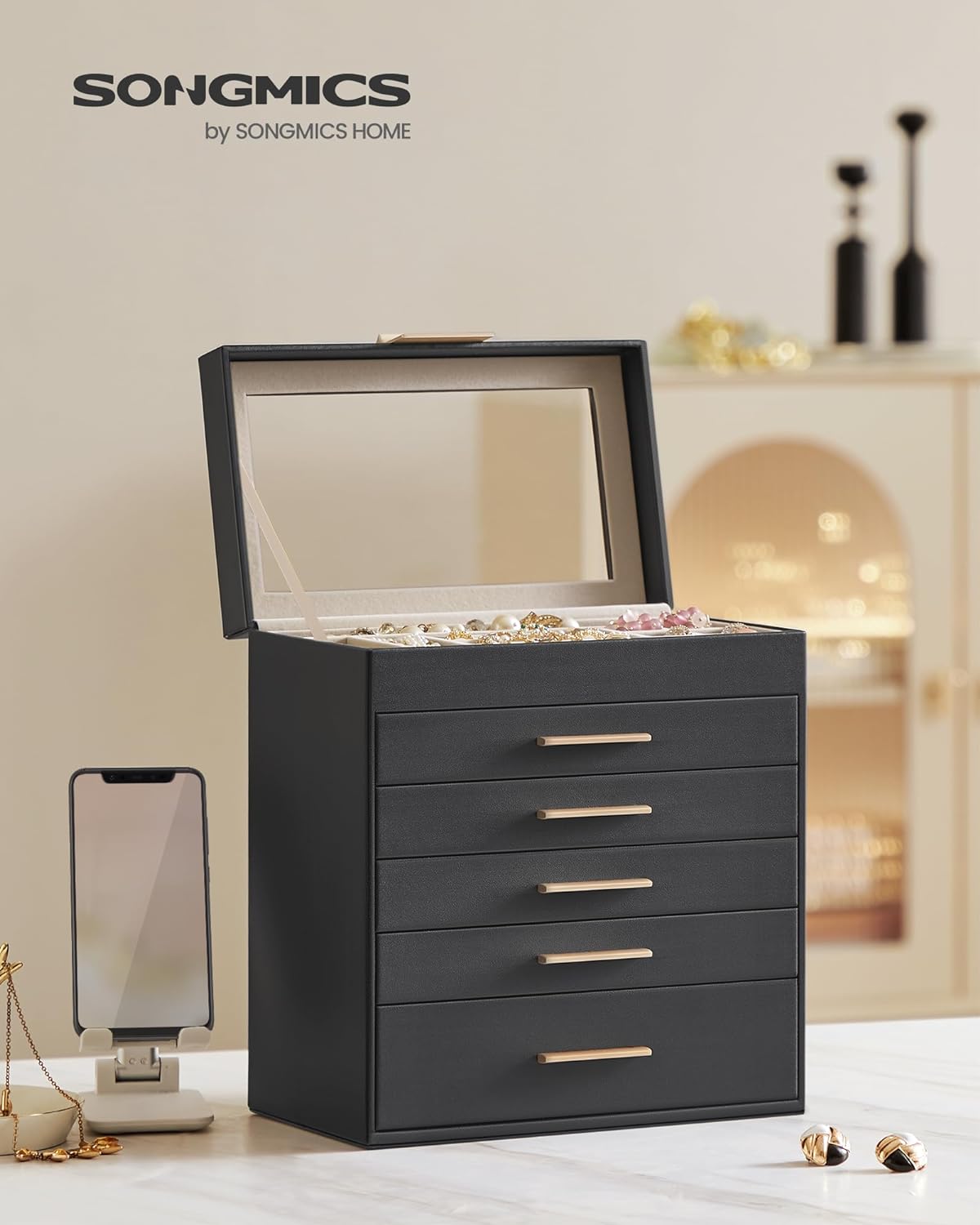 SONGMICS Boîte à Bijoux, Écrin à Accessoires 6 Niveaux, Coffre de Rangement, Couvercle en Verre, 5 Tiroirs, Moderne, Noir Graphite et Doré - 2