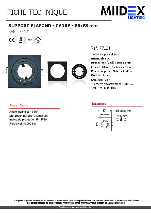 Support spot plafond carré - Aluminium noir mat - Orientable 88x88mm - 7