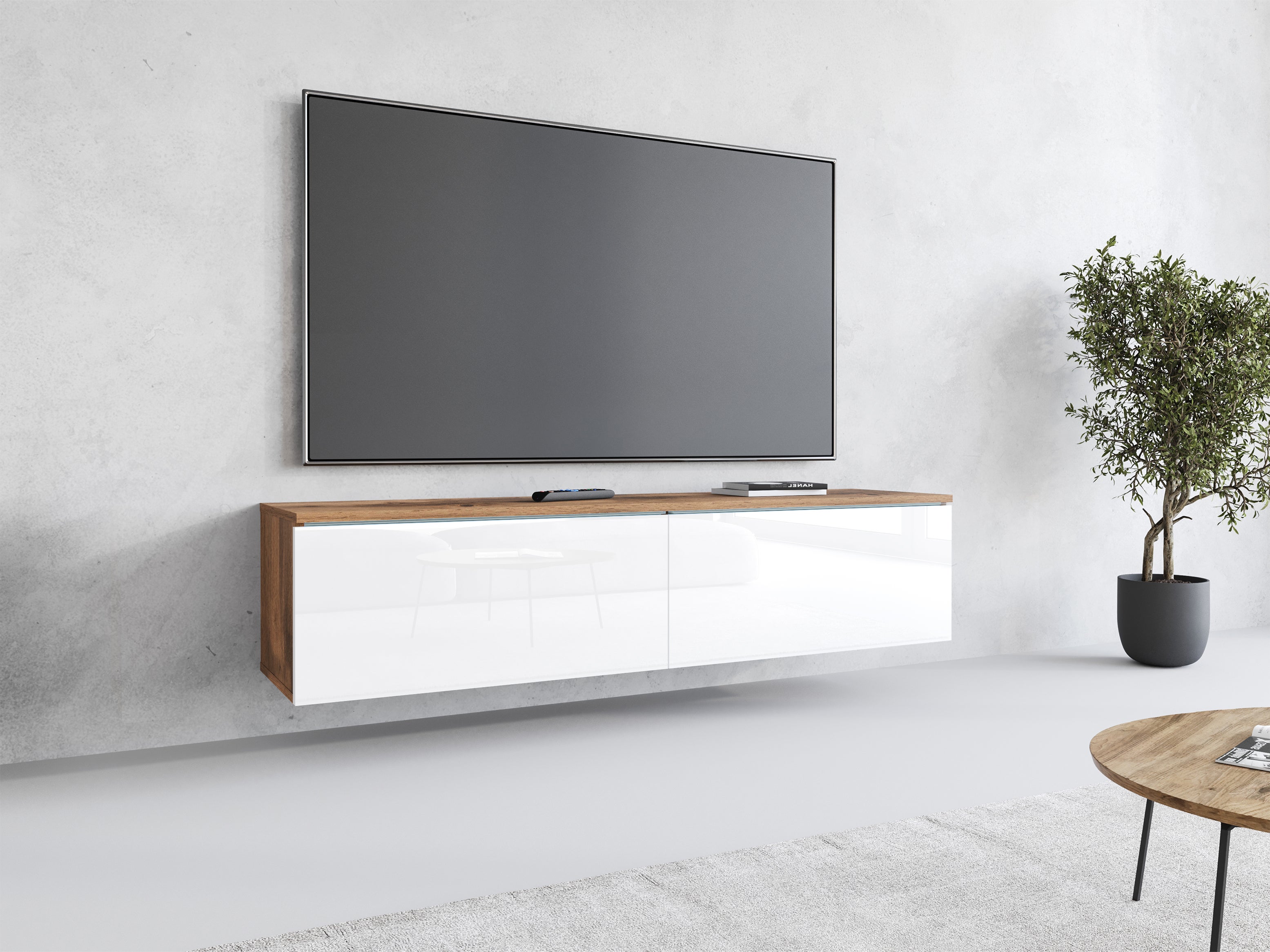 Meuble TV Lowboard D140 Chêne Wotan/Blanc brillant, Nombre de portes : 2, 140x30x31 cm - 8