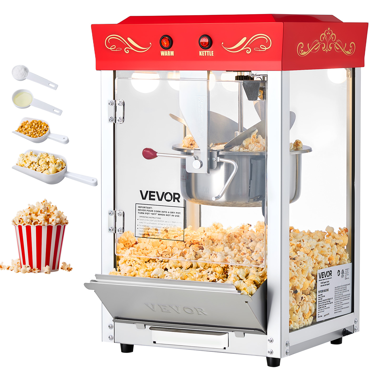 Maszyna do Popcornu VEVOR Nablatowa 800 W, Garnek Inox 0,2 kg / 48 Filiżanek, 2 Przyciski, Szkło, Łyżki i Miarka, Czerwona