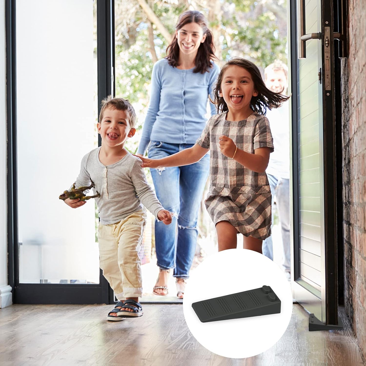 Cinque fermaporta in gomma morbida, regolabili in altezza, antiscivolo, proteggono pavimenti e pareti (neri). - 5