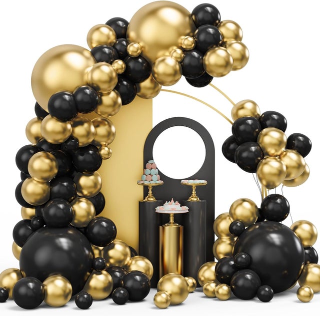 Lot de 134 ballons métalliques dorés et noir de différentes tailles pour remise de diplôme, anniversaire, anniversaire de mariage, décorations de fête