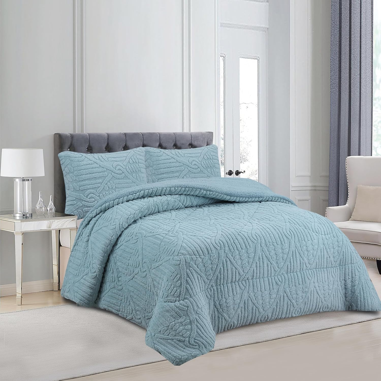 Haradeco manta sherpa para sofá cama con funda almohada, edredón borreguito terciopelo gruesa abriga(jacquard azul turquesa, 160x220cm)