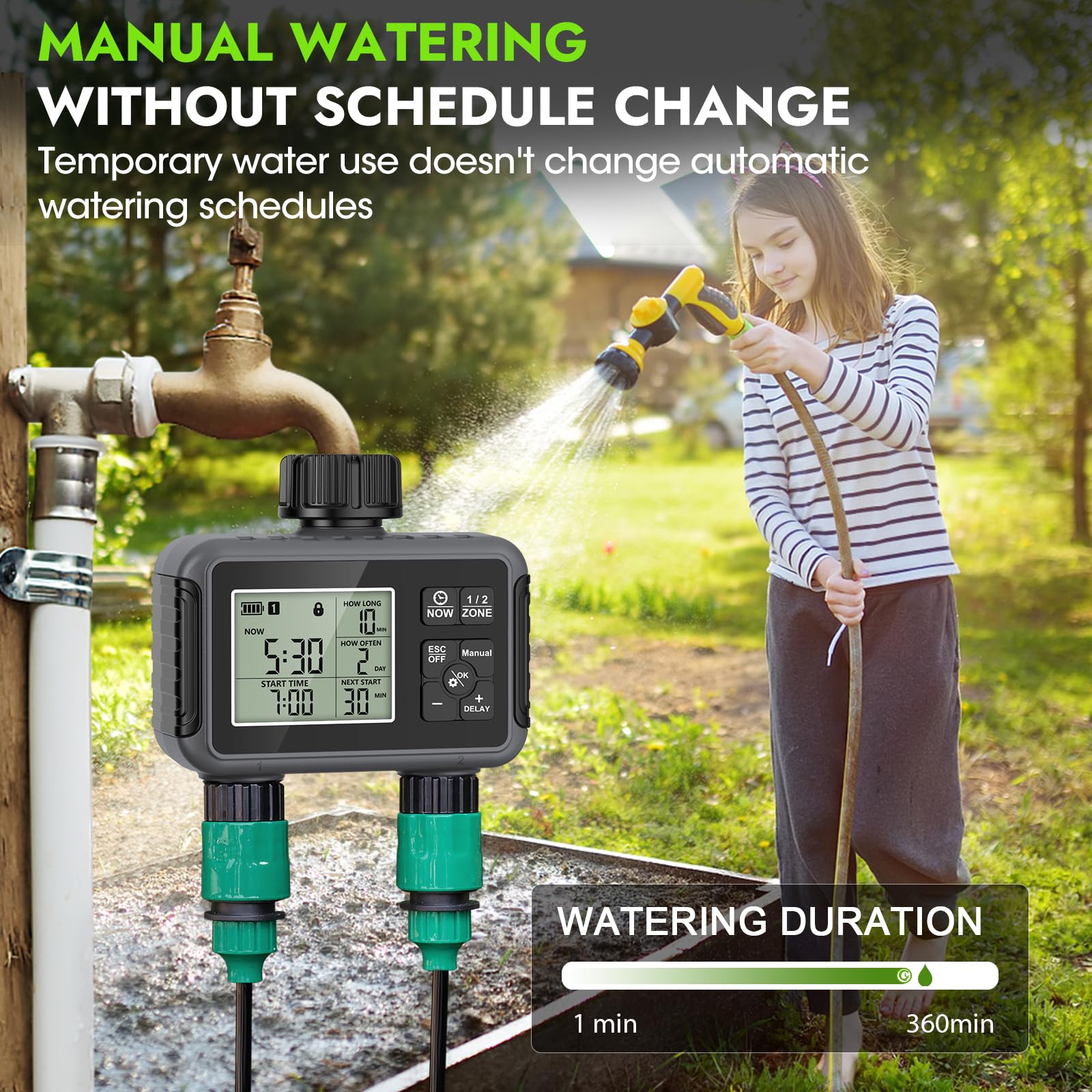 Ordinateur d'irrigation 2 sorties, minuterie d'arrosage de jardin avec retard de pluie/mode automatique et manuel, IPX5 étanche/grand écran LCD - 8