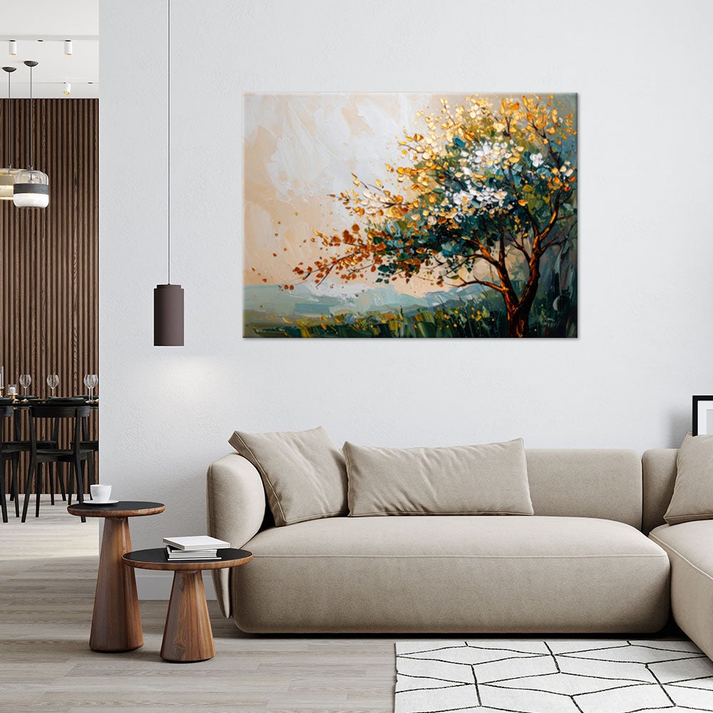 Obraz do salonu sypialni biura, Drzewo Liście Krajobraz w beżu 120x80 - 2