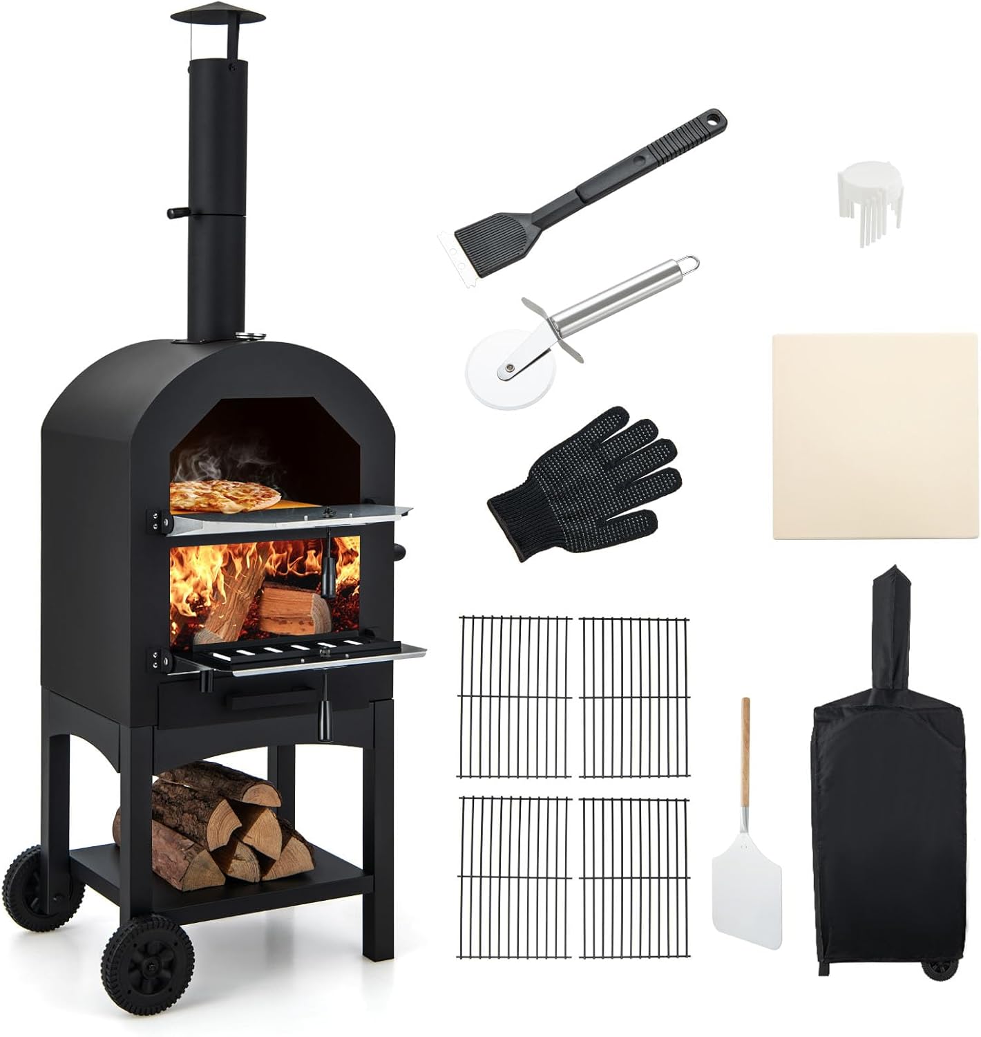 Piec do Pizzy z Żeliwa do Użytku na Zewnątrz z Podwójnym Termometrem i Kominem, z 2 Uniwersalnymi Kółkami i Wodoodpornym Pokrowcem