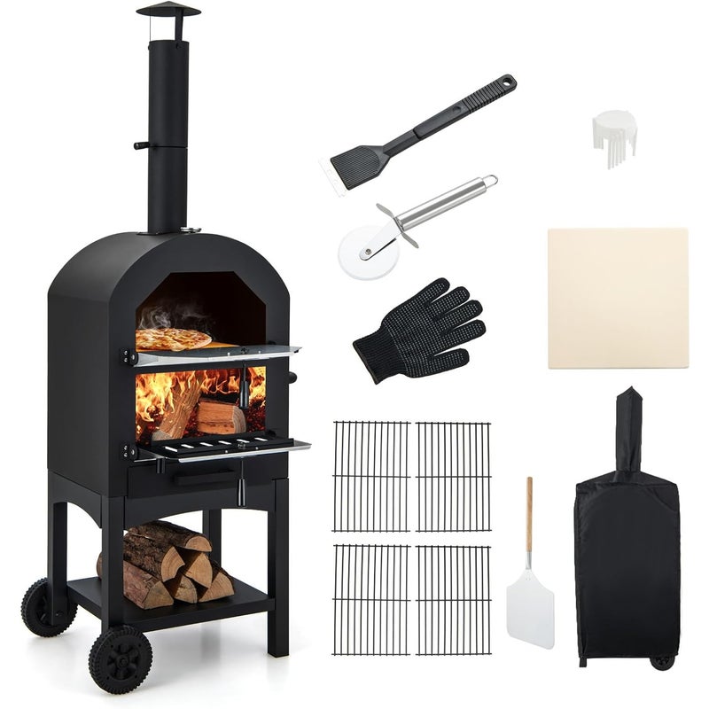Piec do Pizzy z Żeliwa do Użytku na Zewnątrz z Podwójnym Termometrem i Kominem, z 2 Uniwersalnymi Kółkami i Wodoodpornym Pokrowcem