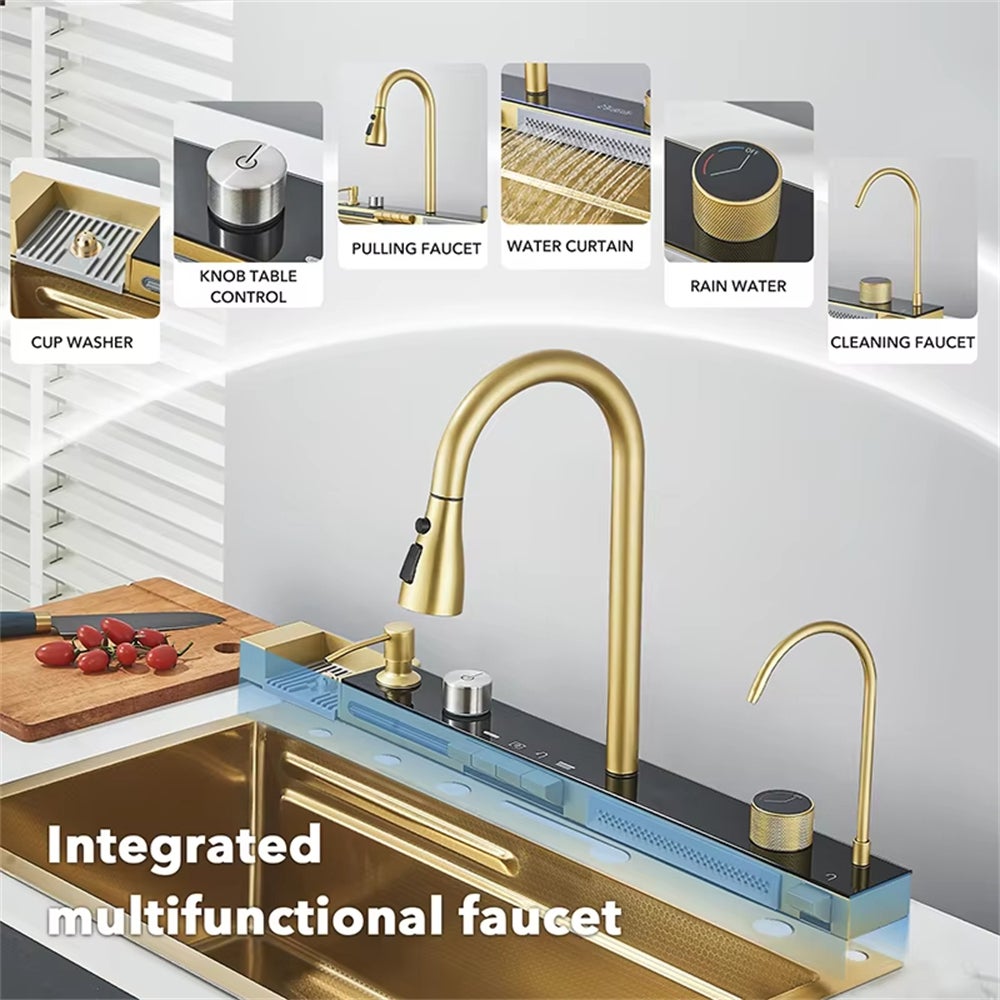 Évier de cuisine double cascade en acier inoxydable, grand évier de cuisine simple avec grand robinet et température réglable (doré) - 2