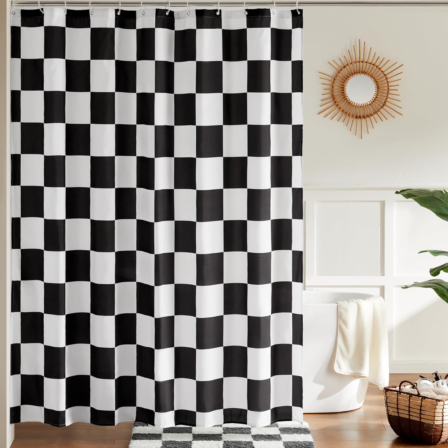 Czarno-Biała Zasłona Prysznicowa w Kratkę - Wodoodporna i Antypleśniowa - 180x180 cm z 12 Haczykami - Nowoczesna Dekoracja do Łazienki
