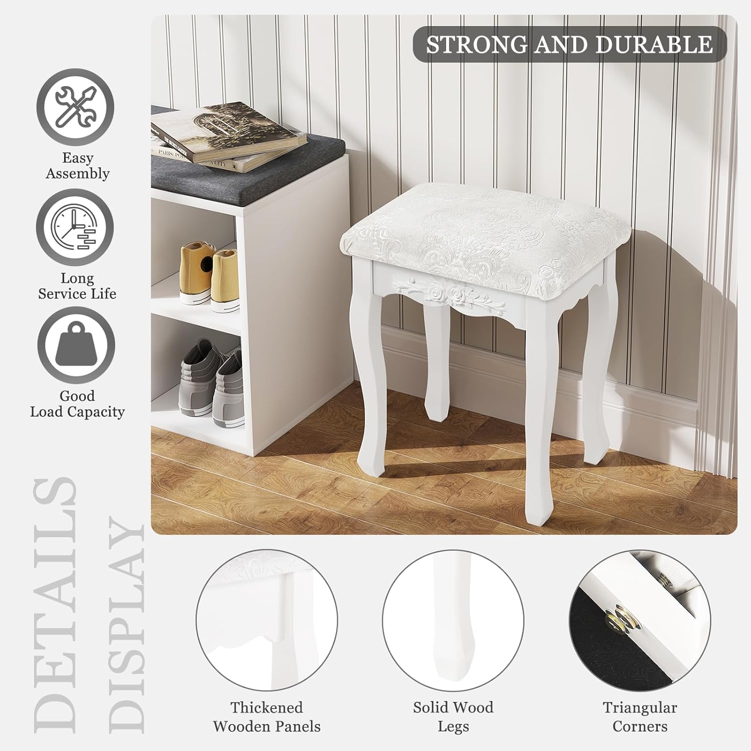 Tabouret de Coiffeuse 37x30x50cm WOLTU, Vintage Rembourré, Chaise de Maquillage et de Chambre, Style Baroque, Blanc Crème - 5