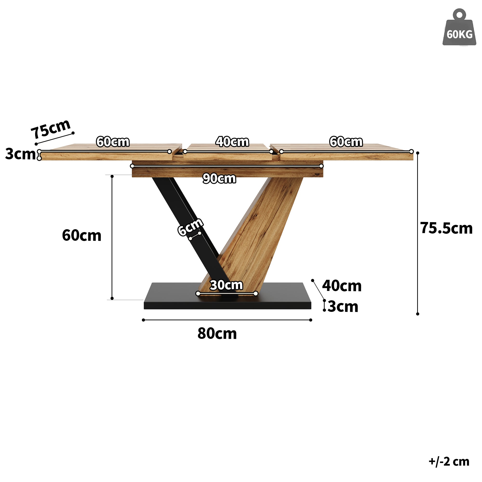 Table a Manger Extensible (120-160×75×75,5cm),design extérieur à grain de bois,Table de Cuisine 6/8 Personnes,Pour cuisines et salons,Naturelle+Noir - 4