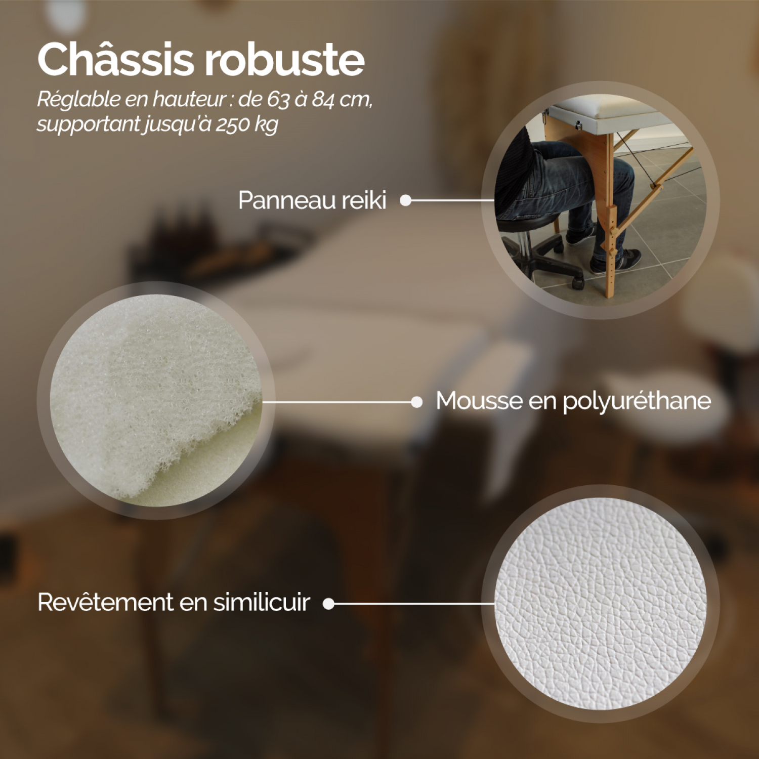 Table de massage pliante 2 zones en bois avec panneau Reiki + Accessoires et housse de transport - Blanc - Vivezen - 4