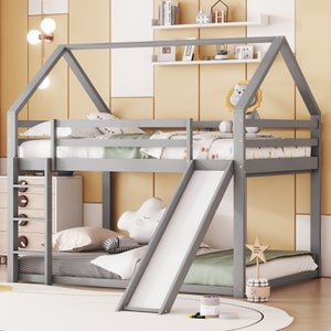 Letto A Castello Lexiou Con Scivolo E Cassetti – 90x200 + 140x200 Cm, In Pino Massello, Grigio, Ringhiera Di Sicurezza, Carico 120 Kg