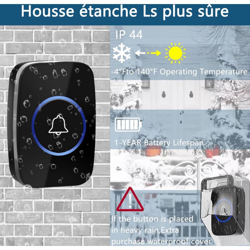 Sonnette sans Fil extérieur, 300 Mètres IP44 LED Bleu Étanche Carillon Electronique - Sonnette Portail sans Fil extérieur - 4