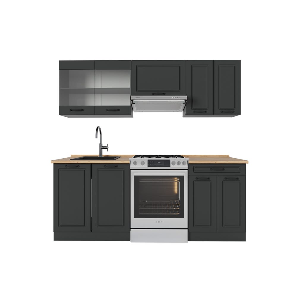 Ligne de cuisine Optima Chêne doré/anthracite 270cm sans plan de travail, avec armoire haute Ligne de cuisine Optima Chêne doré/anthracite 270cm sans plan de travail, avec armoire haute