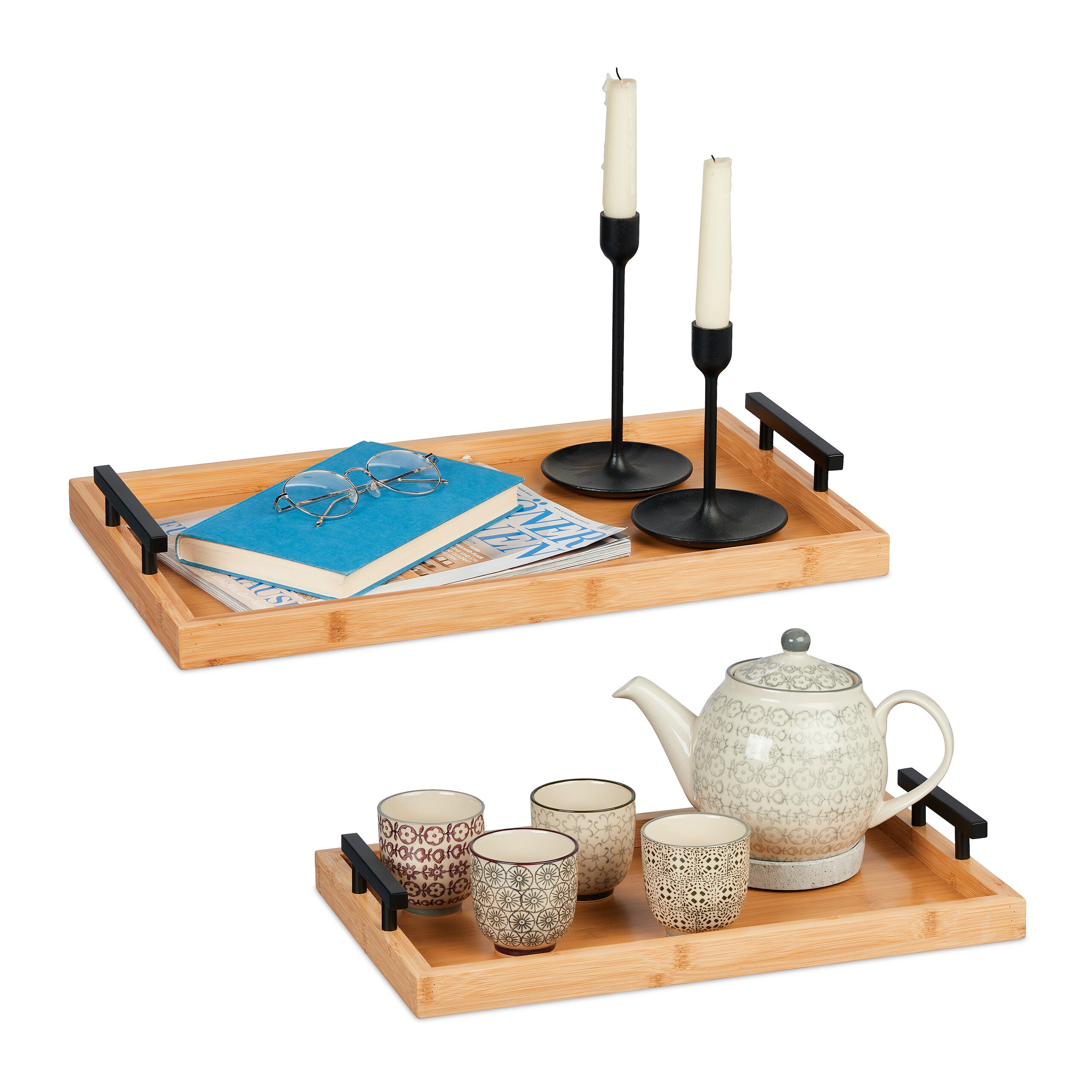 Set Di 2 Vassoi In Bambù Rettangolari Con Manici, 40x28 Cm E 33x22 Cm, Per Colazione, Cucina, Ristoranti E Caffetterie - 2