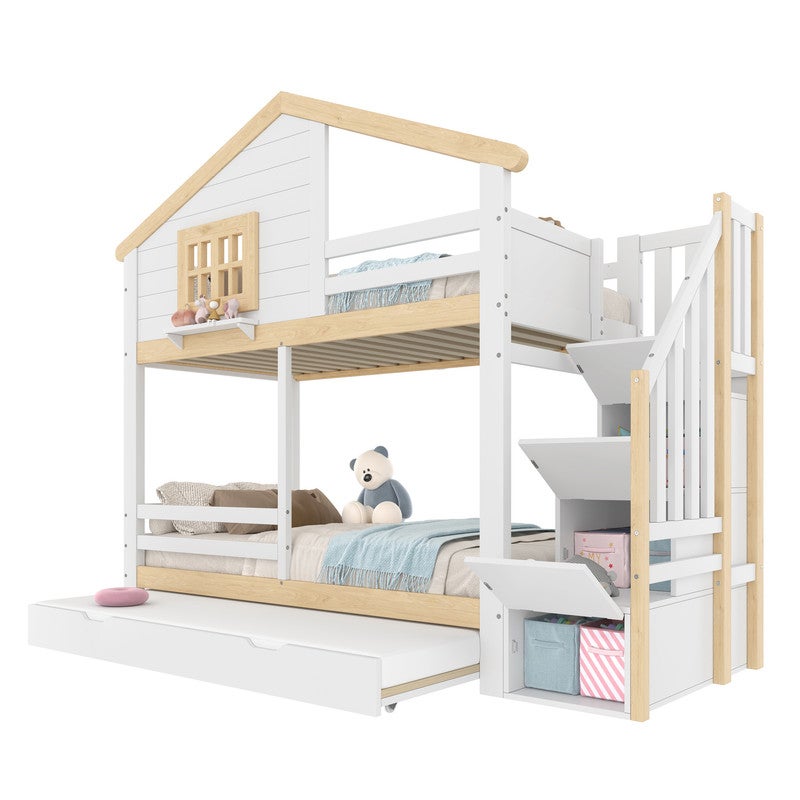 Letto A Castello 90x200 Cm In Pino Bianco Con Scrivania, Scala Portaoggetti E Contenitore - Soluzione Salvaspazio Per Bambini, 2 In 1