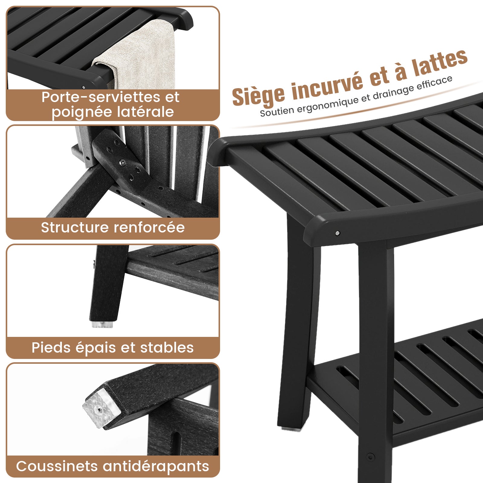 Tabouret Salle de Bain 2 Niveaux en PEHD Étanche, Banc de Douche Antidérapants Siège Incurvé pour Enfants et Adultes Charge 150kg, Noir - 3