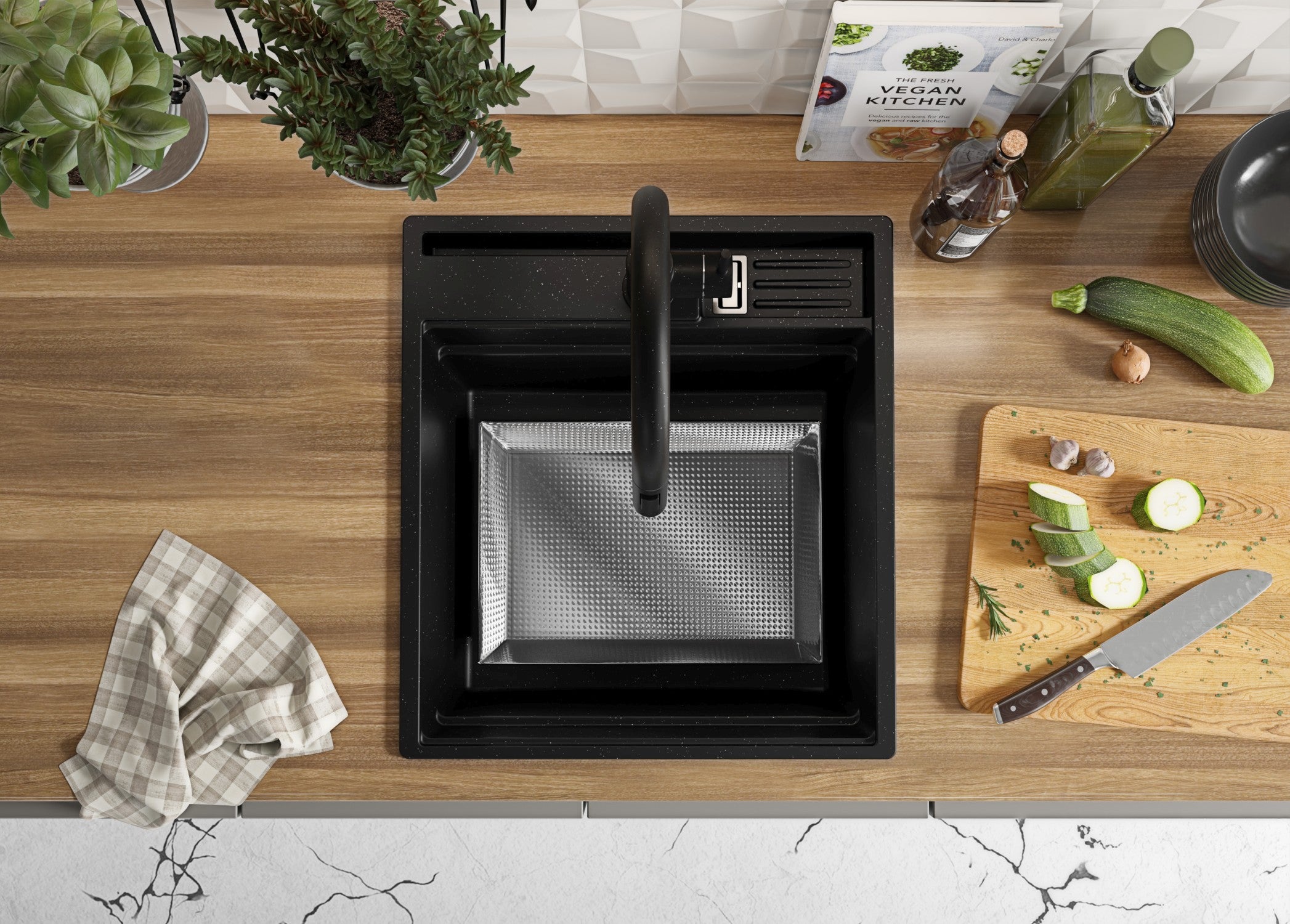 Evier Cuisine en Granit Noir Métallisé 48x53cm, Lavabo 1 bac + Kit de Vidage + Accessoires, Évier à Encastrer au meuble 50cm - Oslo Pocket PRIMAGRAN - 8