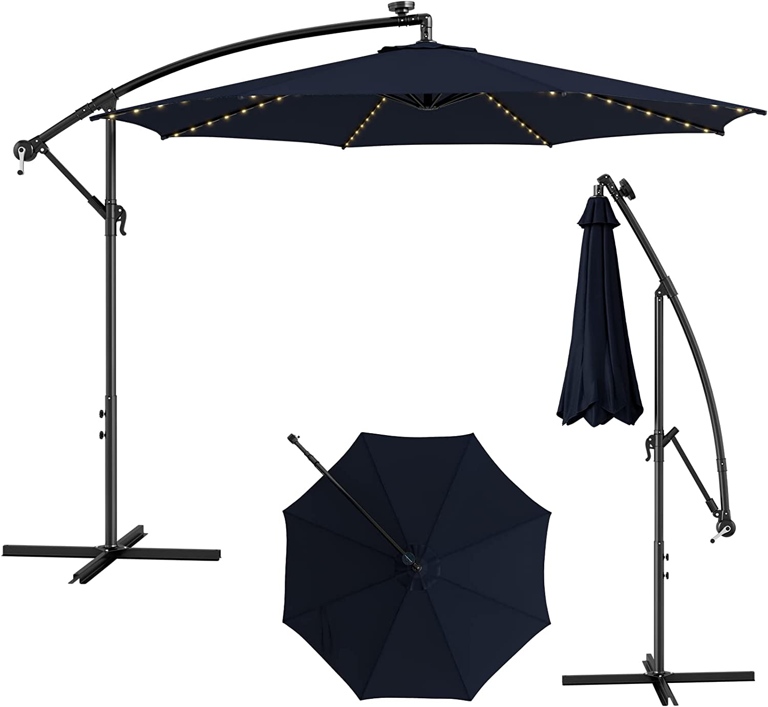 Parasol przeciwsłoneczny, Ø 300 cm, solarny parasol przeciwsłoneczny z 112 diodami LED, parasol ogrodowy, z korbą, do ogrodu, taras (granatowy)