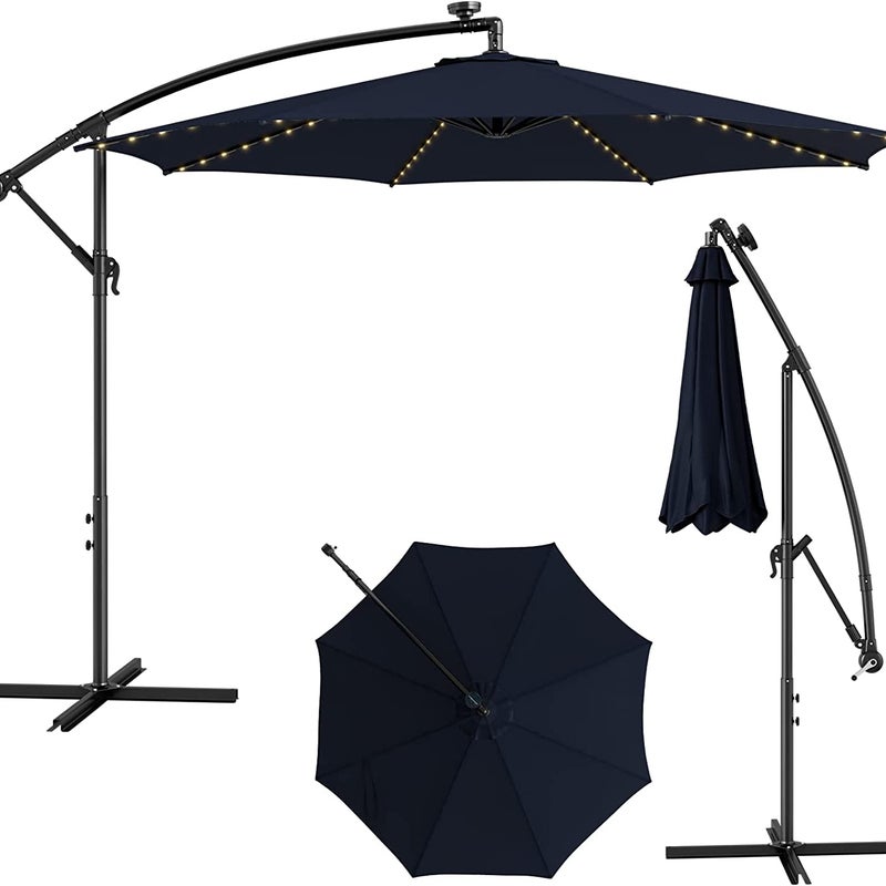 Parasol przeciwsłoneczny, Ø 300 cm, solarny parasol przeciwsłoneczny z 112 diodami LED, parasol ogrodowy, z korbą, do ogrodu, taras (granatowy)