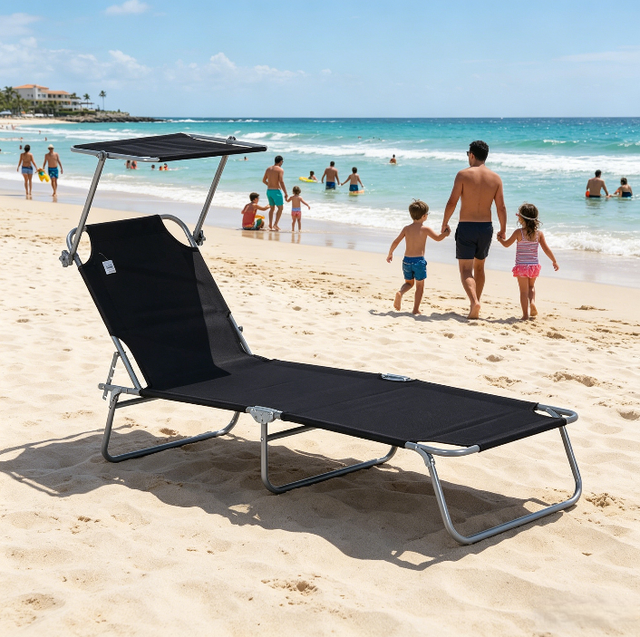 Transat de jardin pliable avec pare-soleil, idéal pour la terrasse et le balcon，dimensions 187x58x36 cm, couleur noir