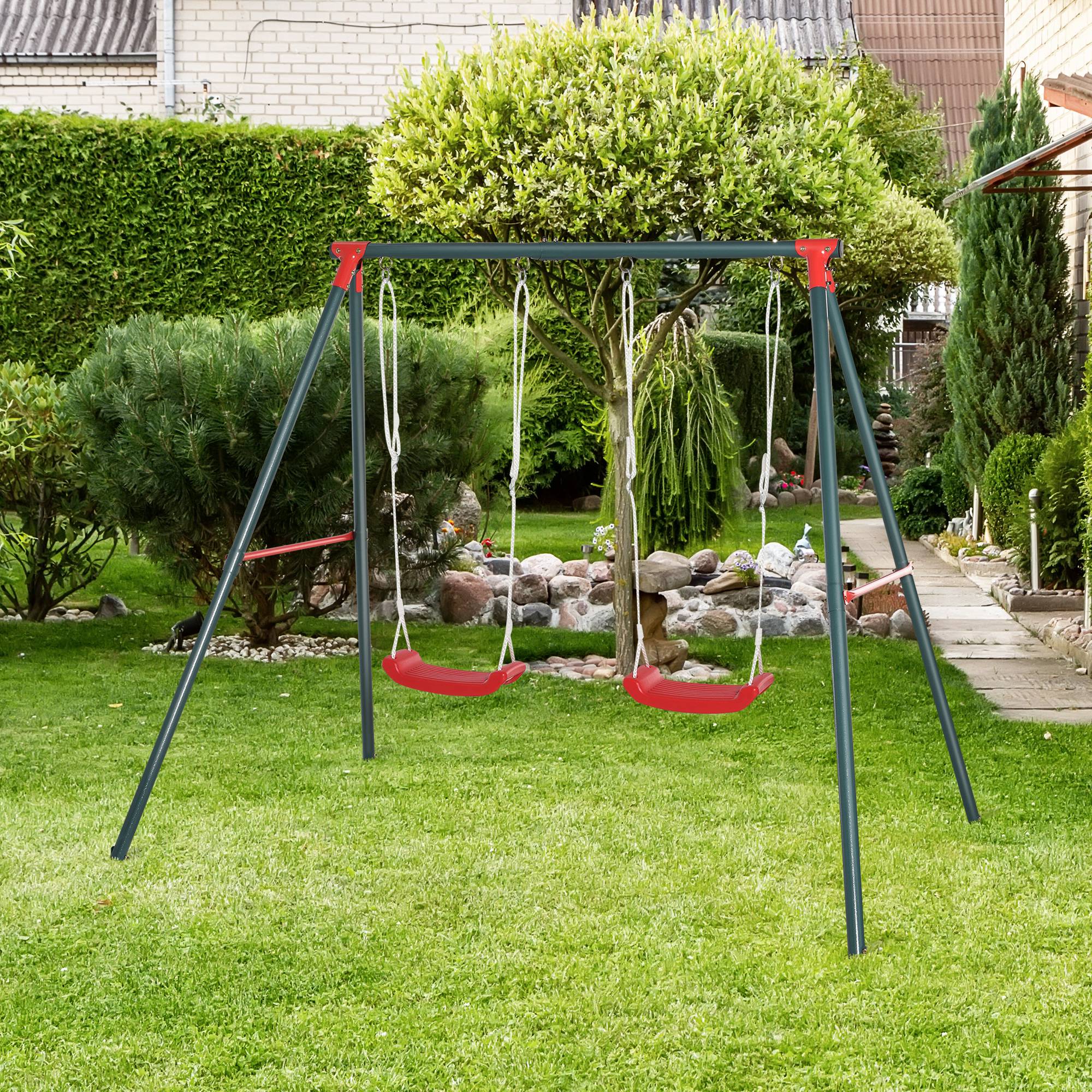 Baloiço Infantil Duplo Outsunny Verde e Vermelho Aço e PE 220x160x180cm - 2