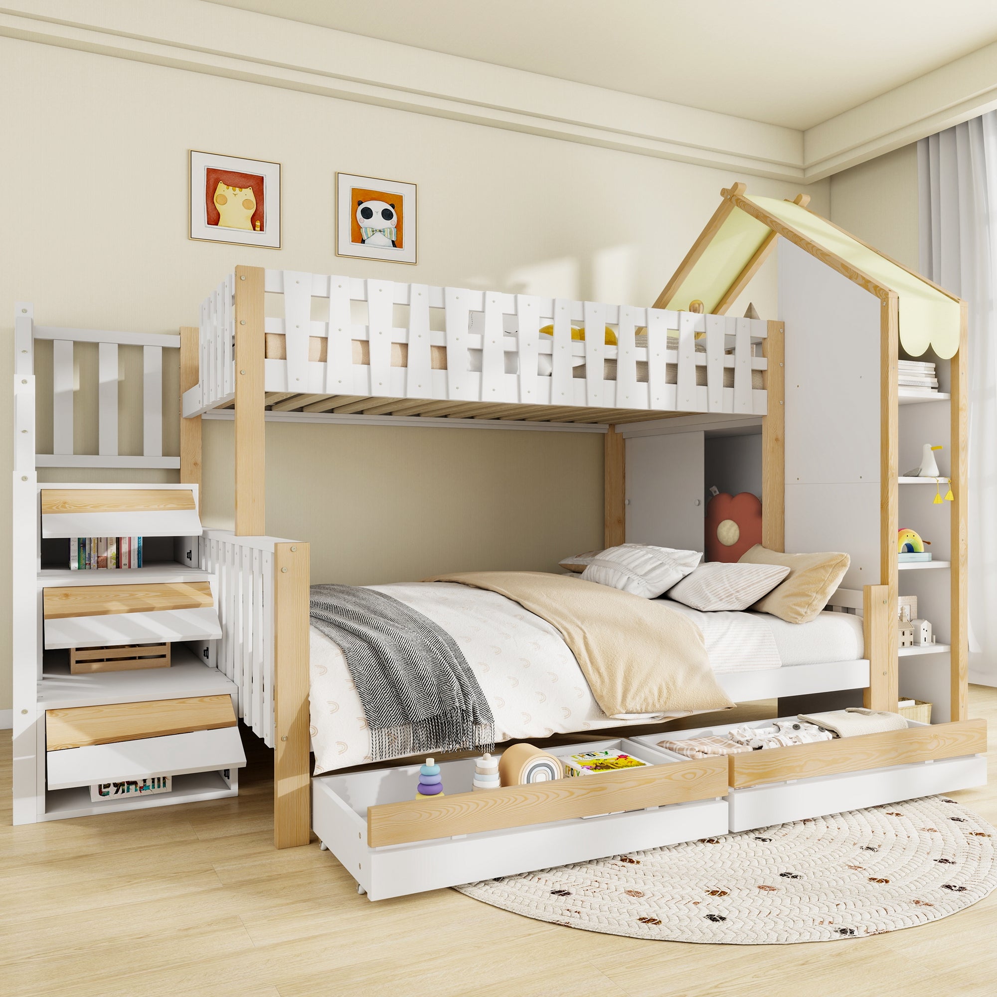Łóżka piętrowe 2 x 90 x 200 cm z 2 szufladami, 1 drzwiami i półkami - Sosna + MDF + sklejka - Biały + naturalny (bez materaca)