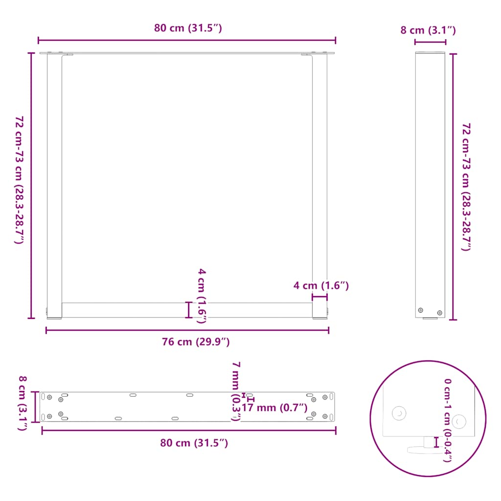 Pieds de table à manger en U 2 pièces Acier naturel 80 x (72-73) cm Acier vidaXL - 3