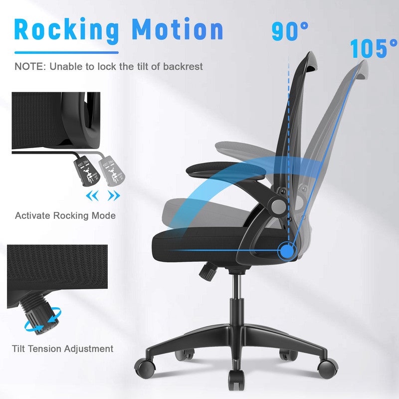 Rattantree Sedia da ufficio, sedia da scrivania ergonomica con braccioli pieghevoli, altezza regolabile, supporto lombare, nero - 4