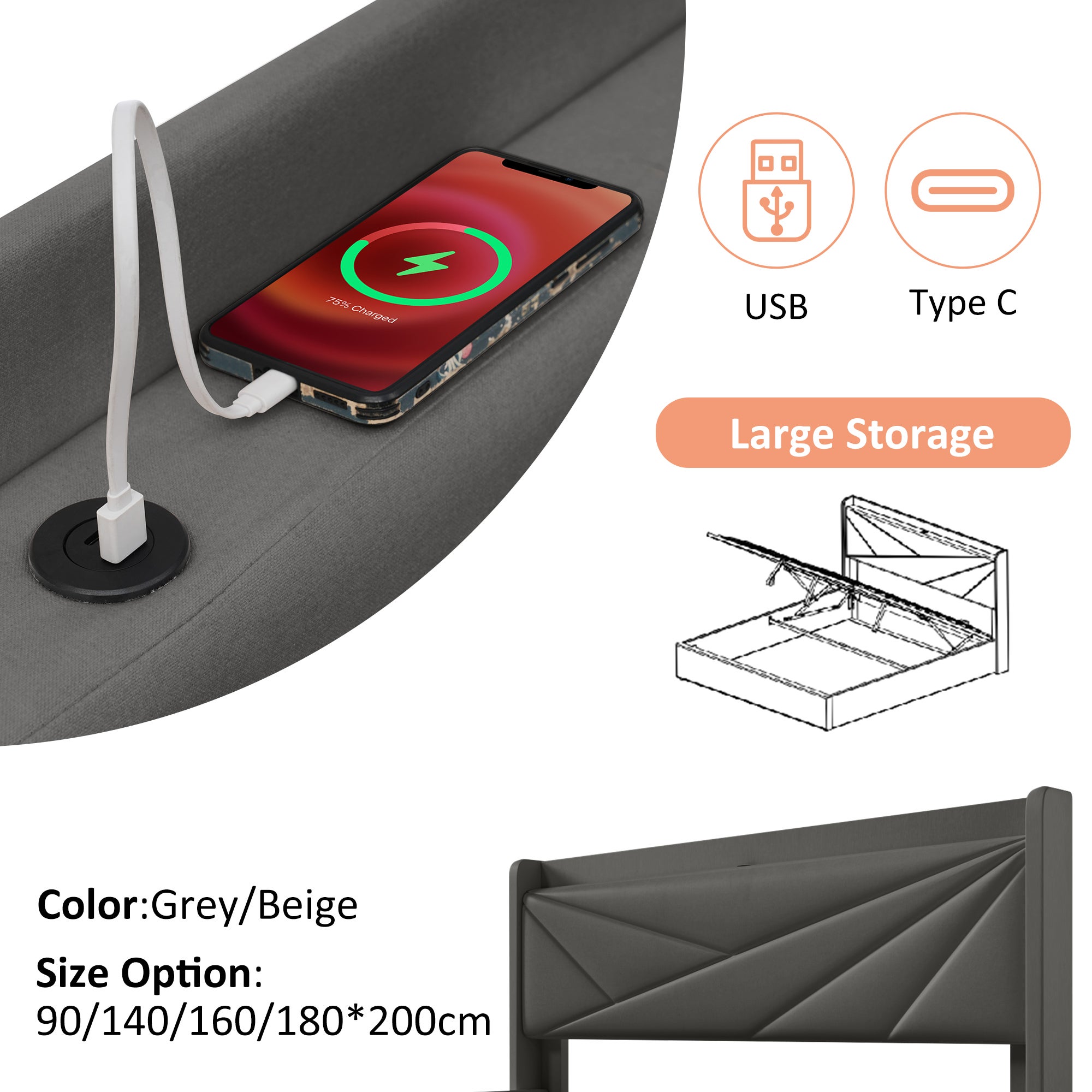 Lit coffre 160x200 cm Lit rembourré double avec Tête de Lit - Chargeur USB-Type-C, Rangement Intégré - Pour Chambre d'Enfant - Gris - 2