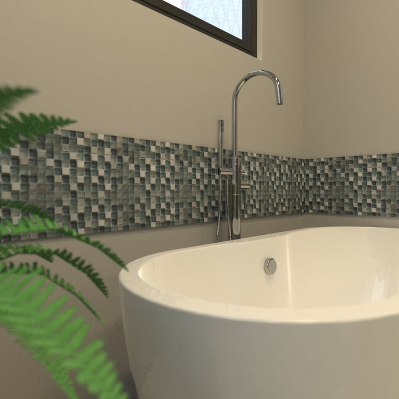 1 arkusz mozaiki z mieszanki kamienia i siatki szklanej w kolorze szarym do łazienki i kuchni. Grubość 8 mm.