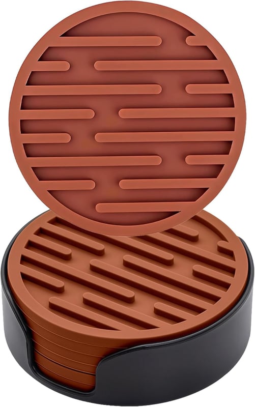 Zestaw 6 silikonowych podstawek o średnicy 10 cm (brązowe) z uchwytami, okrągłe, antypoślizgowe, odpowiednie do kubków, podstawki do napojów