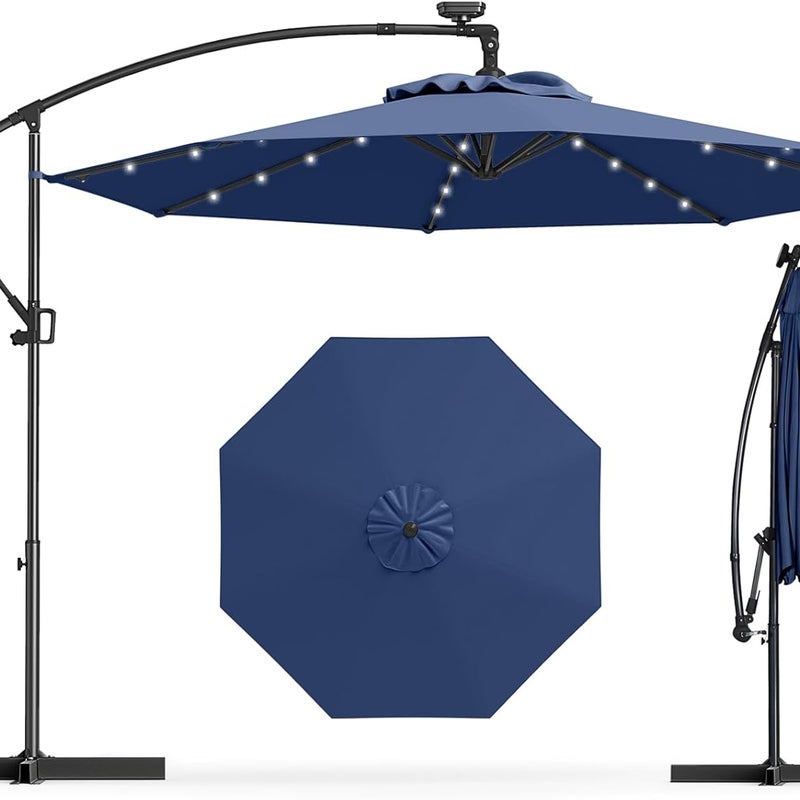 3M Parasol z 32 Diodami LED Zasilanymi Energią Słoneczną, 8 Żebrami, Parasol z Regulacją Nachylenia i Obrotem o 360°, Ciemnoniebieski