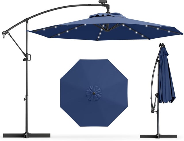 3M Parasol Déporté avec 32 LED Solaires, Parasol de Jardin 8 Baleines avec Tissu Protection Solaire, Parasol Inclinable Rotatif à 360°, Bleu Foncé
