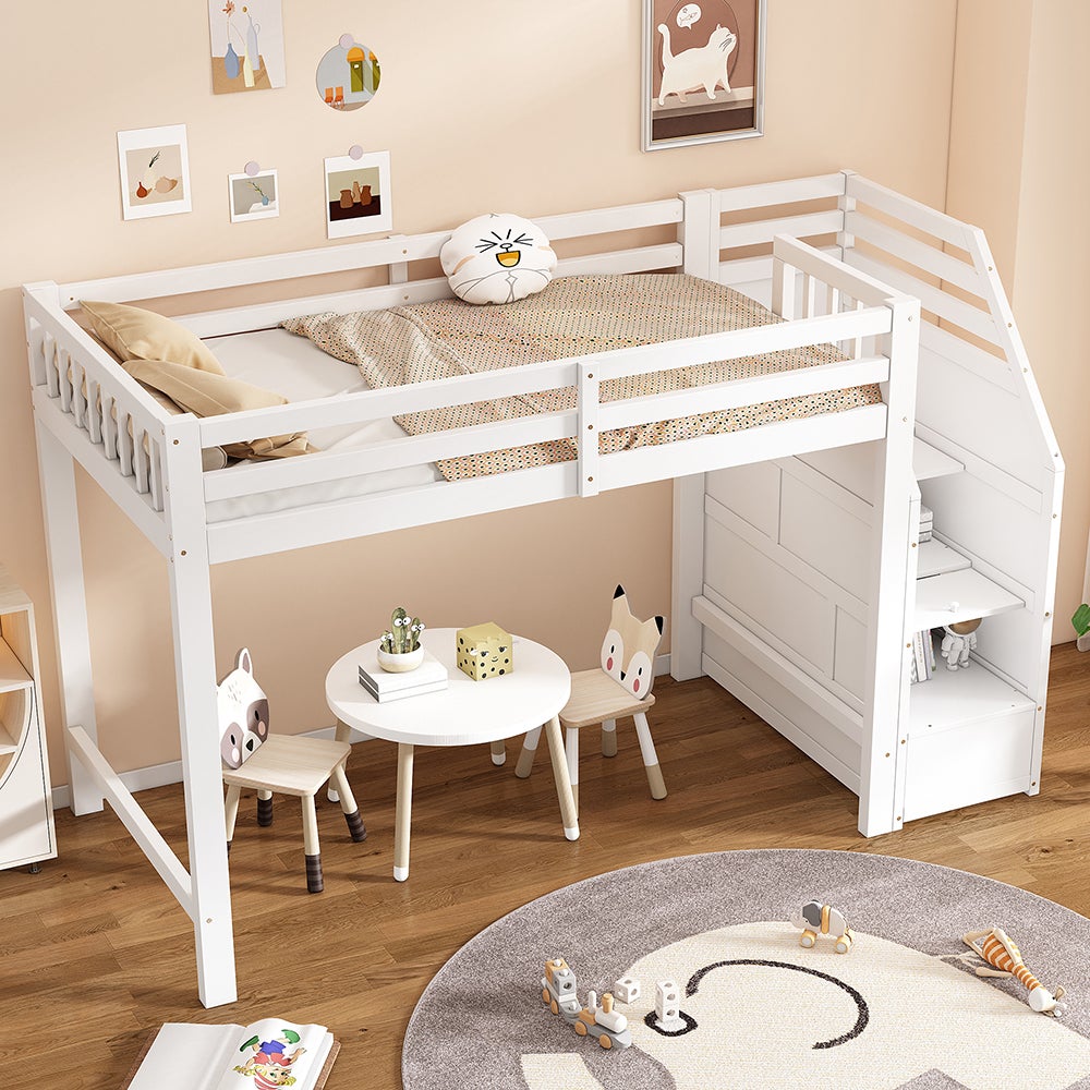 Lit en mezzanine 90x200 cm, avec sommier à lattes, rails, marches escamotables, espace librement combinable sur demande, certifié EN 747, blanc - 2
