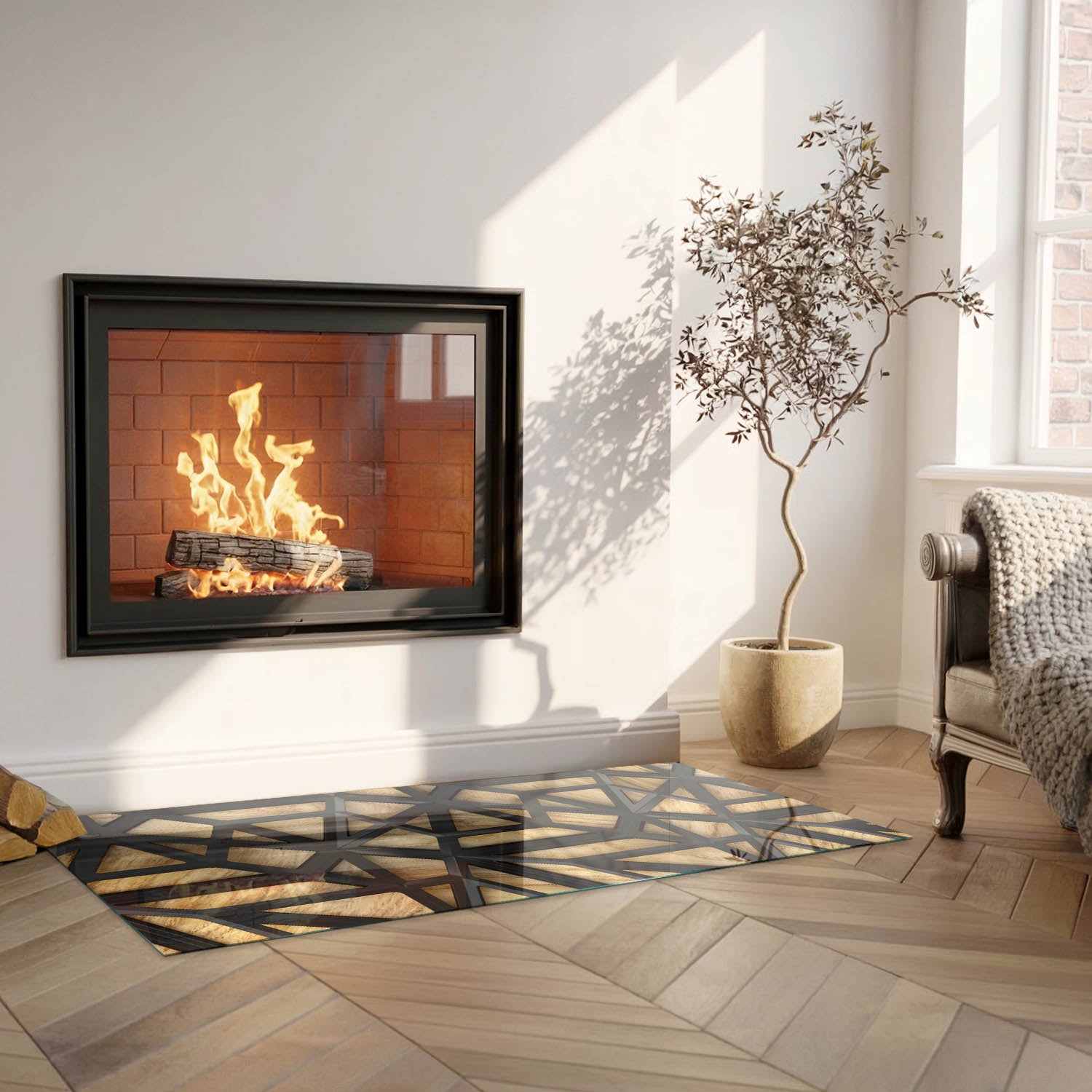 Szkło hartowane na podłogę pod kominek - 125x50 cm - Geometria z drewnem - TULUP - 5