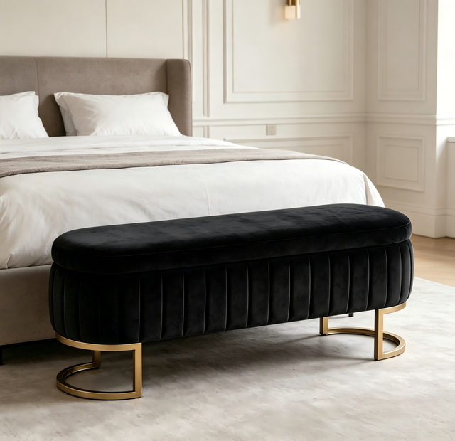 Bout de Lit Banc de Rangement avec Coffre, Banquette avec Capitonnage Vertical et Pieds en Métal, Métal et Bois Noir 130 cm