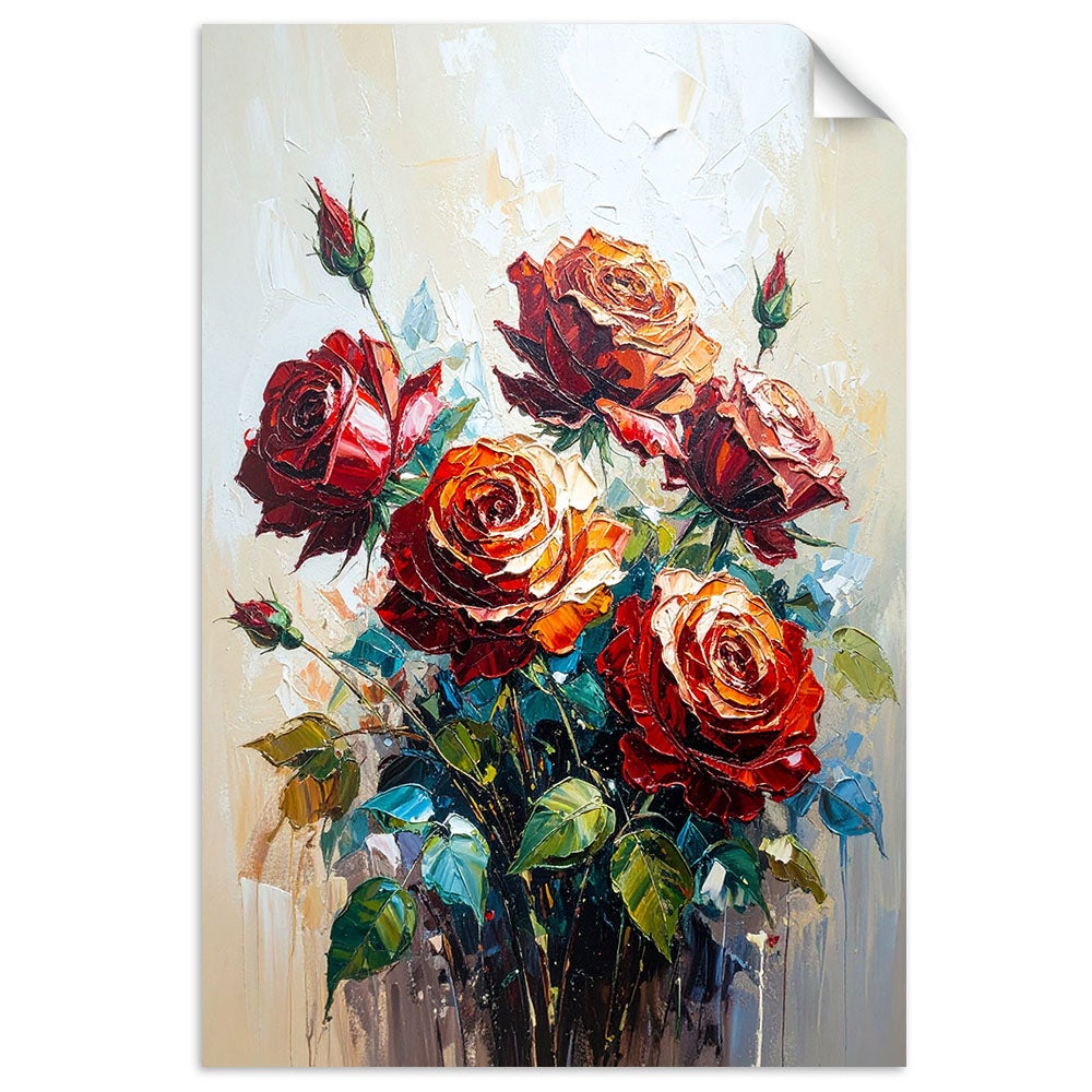 Naklejka na ścianę do salonu sypialni, Czerwone Róże Kwiaty imitacja farby 30x45