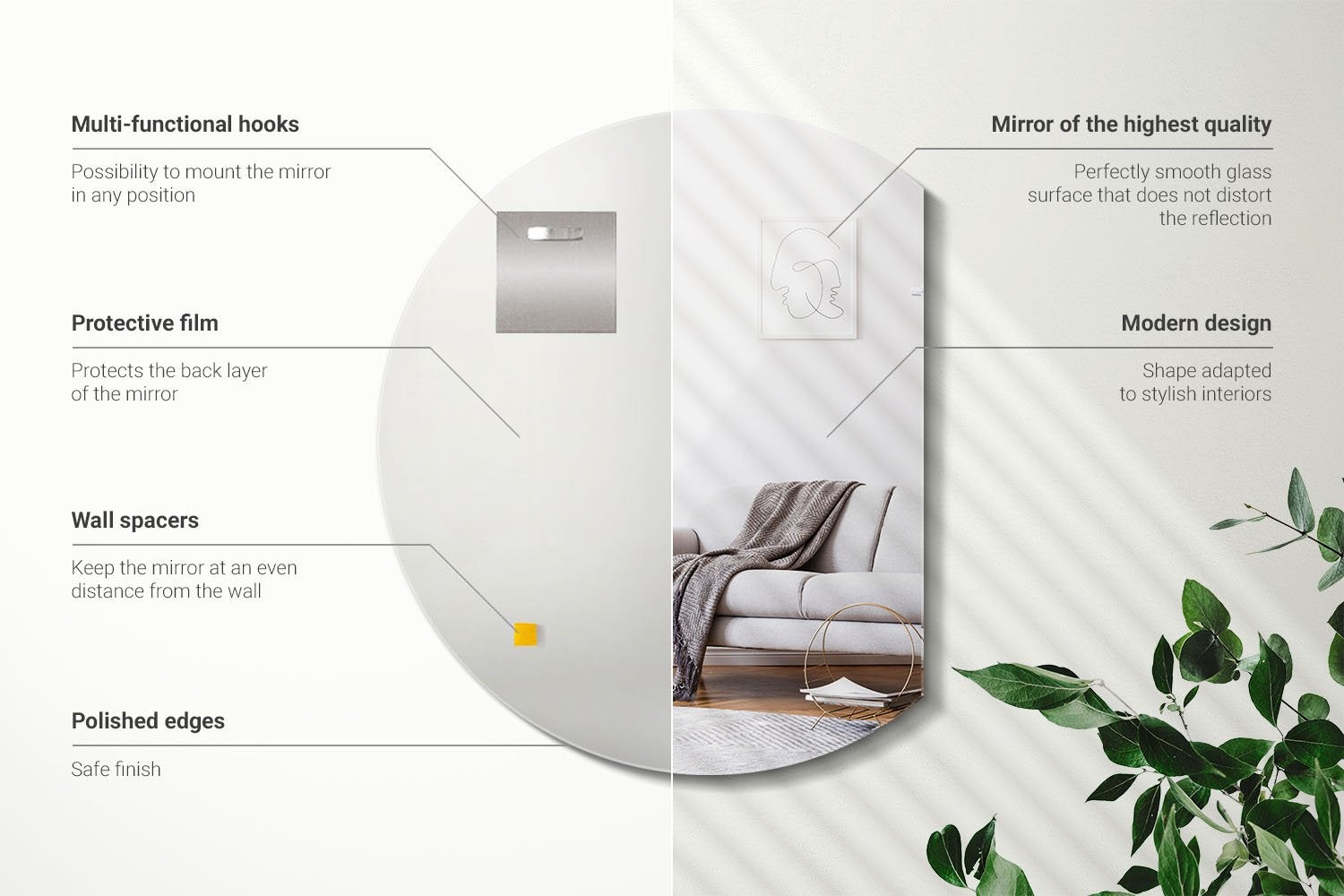 Specchio decorativo moderno con forma di cerchio tagliato 74x90 cm, ArtPrintCave - 3