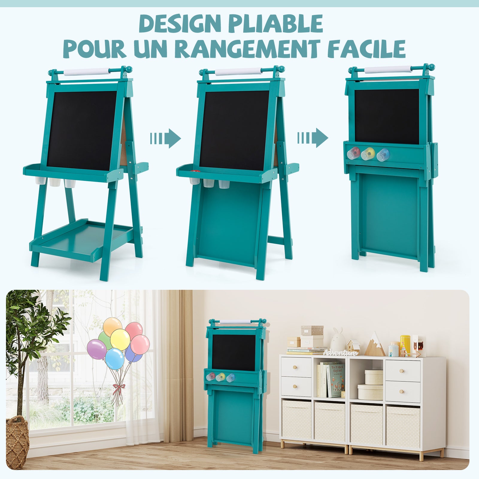 Chevalet Pliable pour Enfants, Double Face avec Tableau Noir et Tableau Blanc Magnétique, Rouleau de Papier Remplaçable, 3 Gobelets, Vert - 7