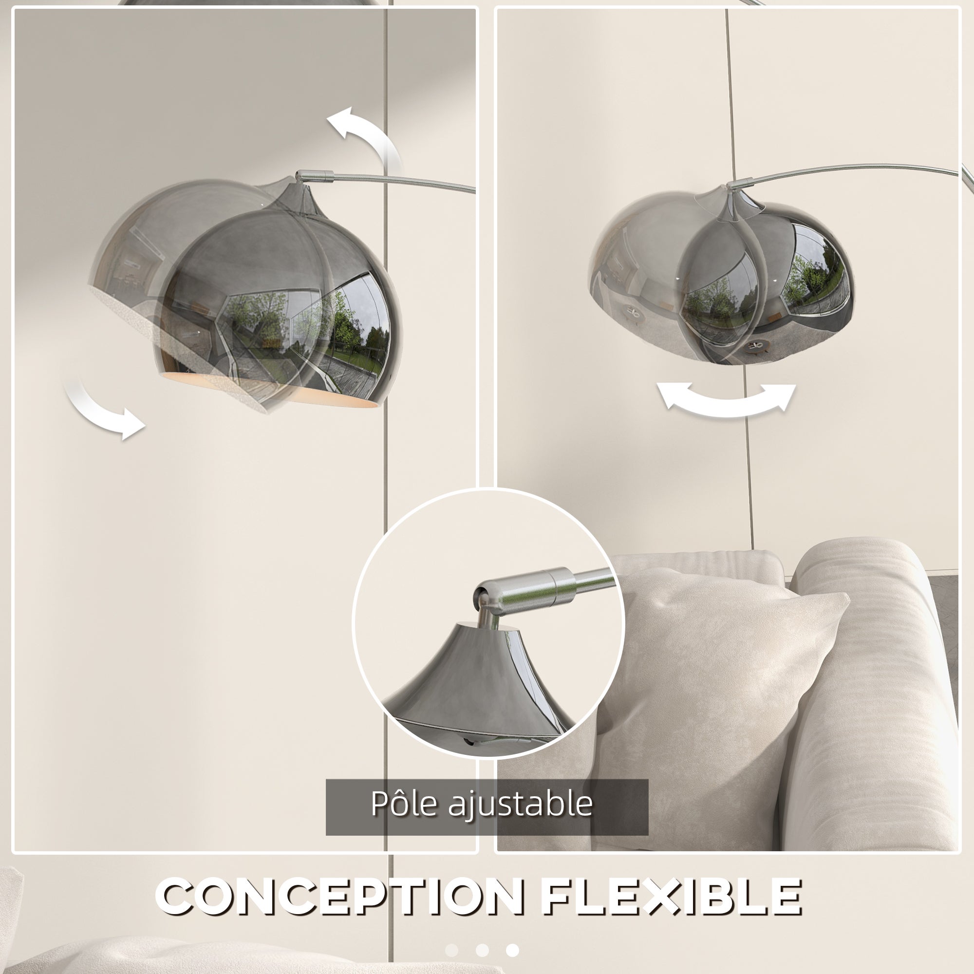 Lampadaire lampe de salon arc réglable pied marbre style vintage 40W E27 dim. 100-115L x 30l x 170-180H cm noir gris - 7