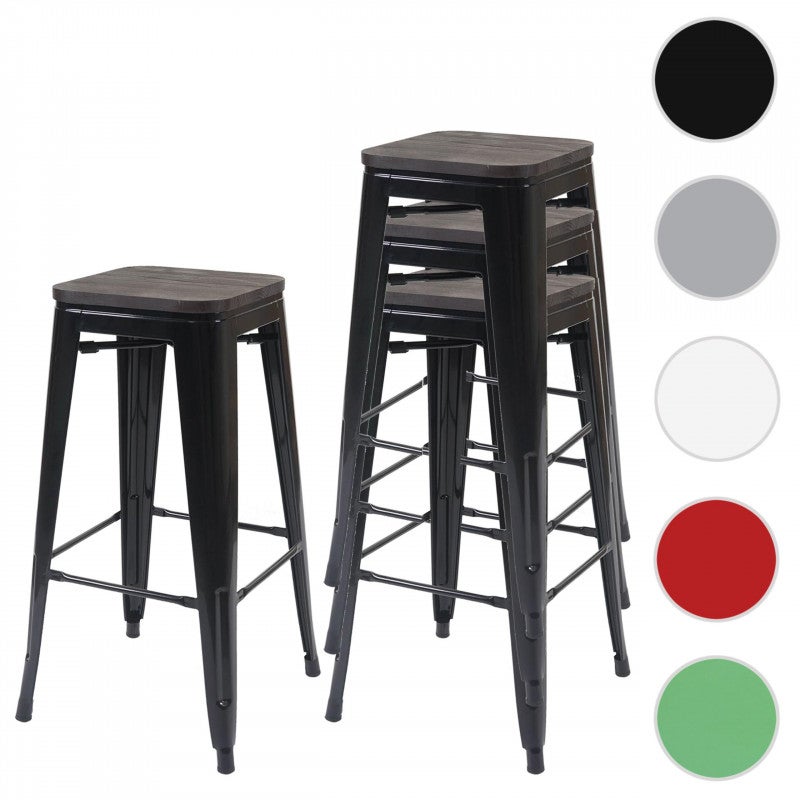 Zestaw 4 stołków barowych HWC-A73 z drewnianym siedziskiem, stołek barowy, metalowy, industrialny design, sztaplowany ~ Zielony